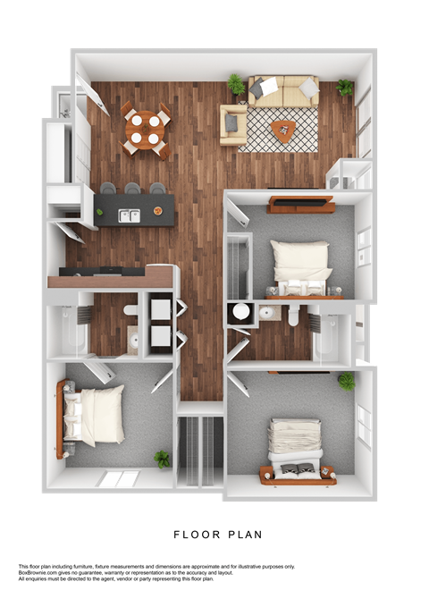 Floor plan for 3 beds, 2 baths, 1234 sqft